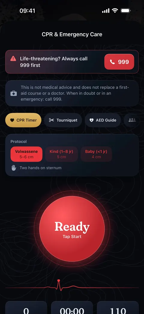 The CPR & Emergency Care screen: at the top ‘always call first’ the emergency number, the choice of adult, child or baby, and a large red button that sets the rhythm of chest compressions