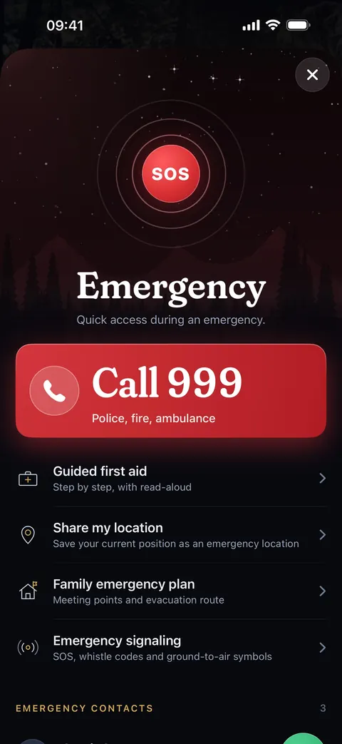 The emergency menu: a large red button to call the emergency number, and below it guided first aid, sharing your location, the family emergency plan and emergency signalling