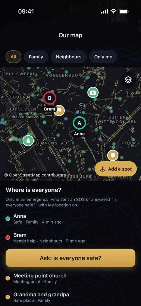 The Our map screen: the meeting point, the safe places and two family members on the map, and below it ‘Where is everyone?’ with who is safe and who needs help
