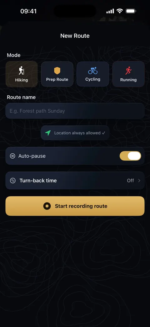 The New route screen: choose walking, pre-route, cycling or running, turn on auto-pause and a turn-back time, and tap ‘Start recording route’