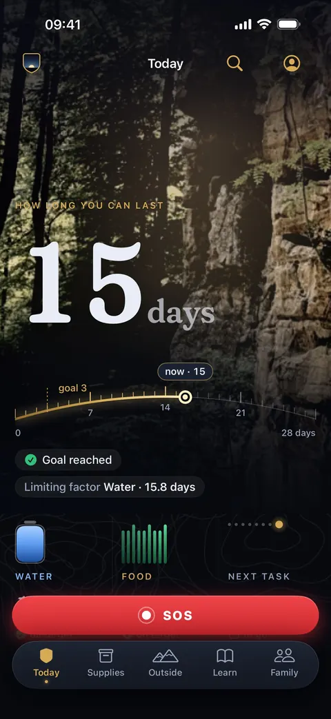 PrepperApp's Today screen: 15 days ahead on the horizon arc, goal reached, and the meters for water, food and the next task