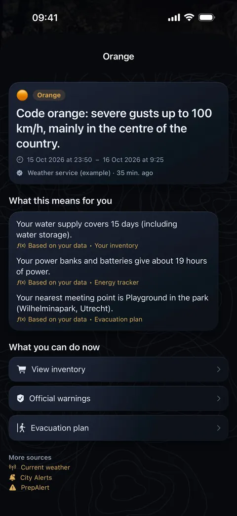 An example warning in PrepperApp: code orange for severe gusts, with the area on the map and below it what it means for you: your water, your power and your meeting point