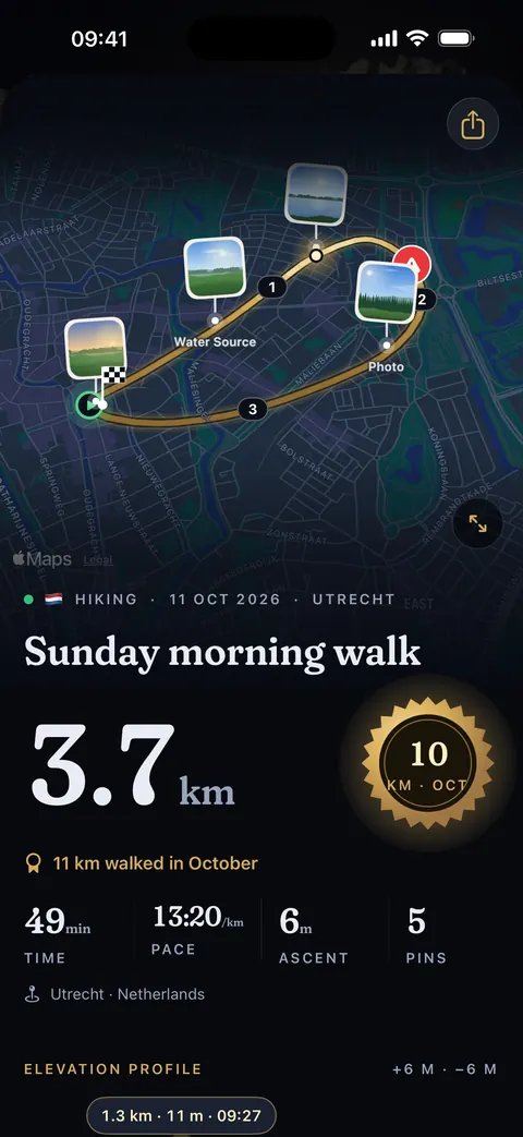 A recorded walk: the route on the map with photos and markers, and below it the distance, duration, pace and climb