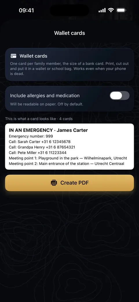 The Wallet cards screen: an example card for your wallet with the emergency number, who to call and the two meeting points, and the ‘Make PDF’ button